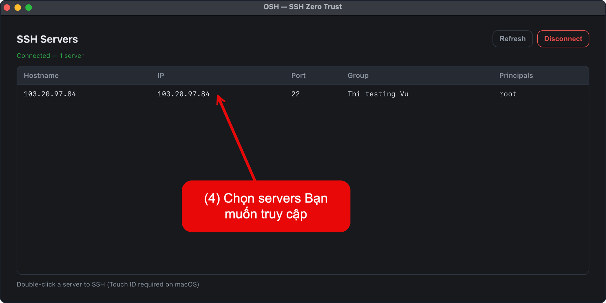 OSH Client SSH Servers list highlighting the server row to double-click for SSH access