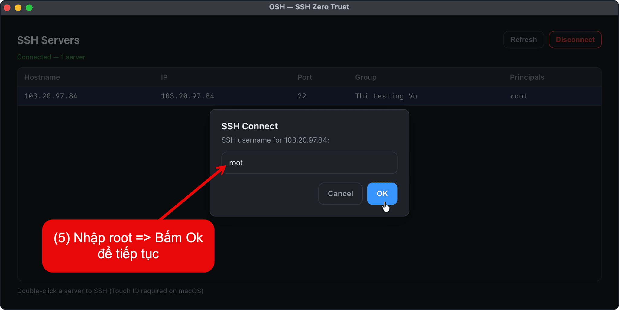 OSH Client SSH connection dialog highlighting the connection details and authentication options