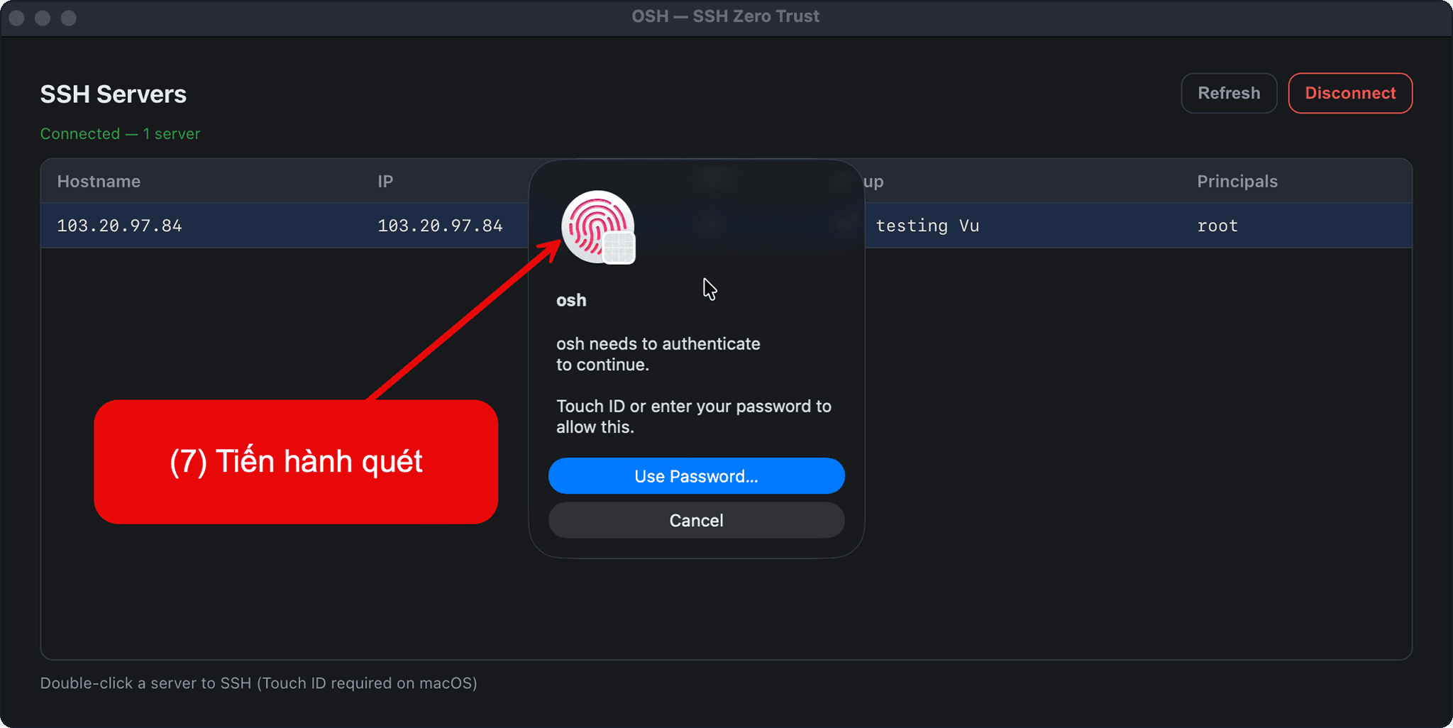 OSH Client SSH connection dialog highlighting the connection details and authentication options