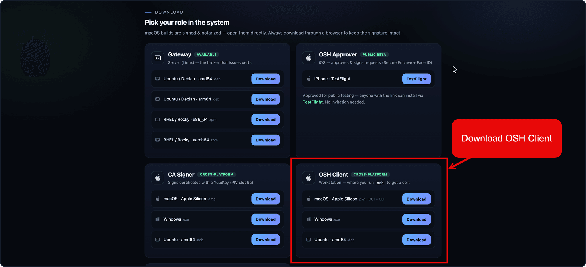 OSH download page highlighting the OSH Client card with macOS, Windows, and Ubuntu download options